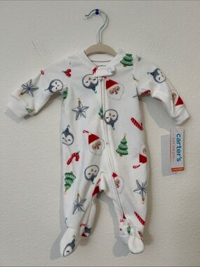 Carter's White Holiday Penguin & Santa Fleece Footed One-Piece